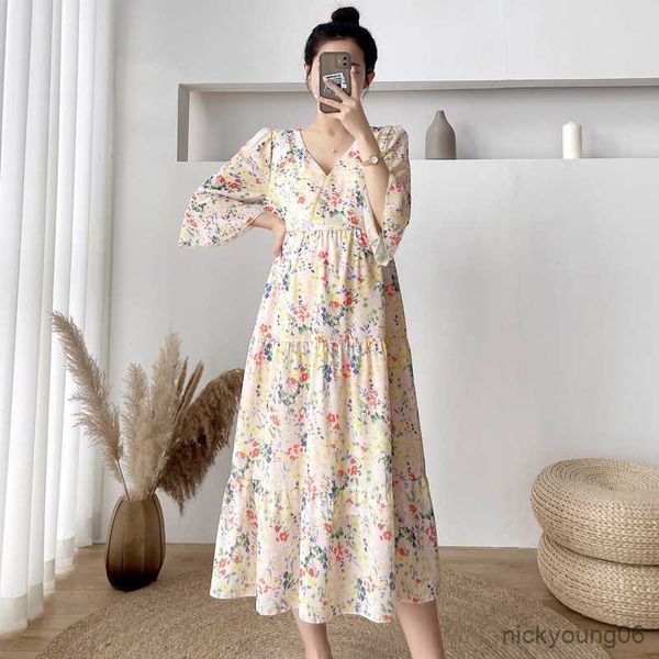 

maternity dress summer new maternity gentle chiffon floral long short-sleeved breathable soft pregnancy dress p shoot r230519, White