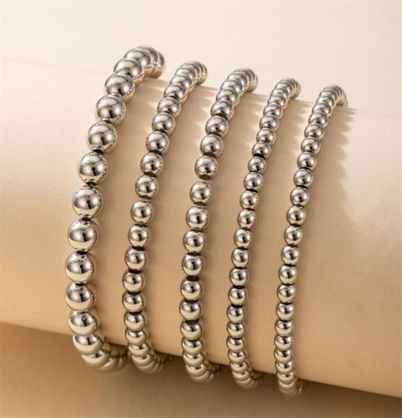 

huangtang punk silver color beaded bracelet set for women men simple style alloy metal bangles charms jewelry 5pcssets beaded 3371296956, Black