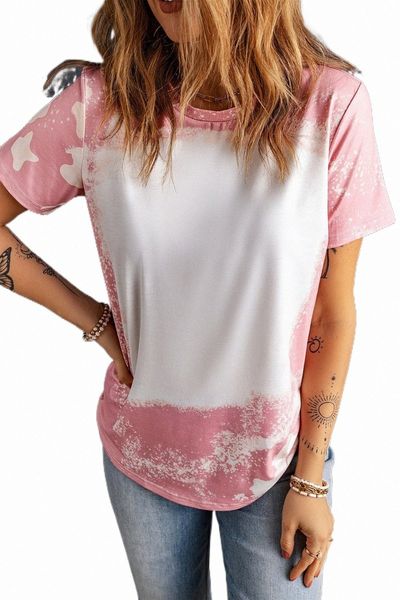 

pink tie dye color bleached short sleeve t shirt a31w#, White