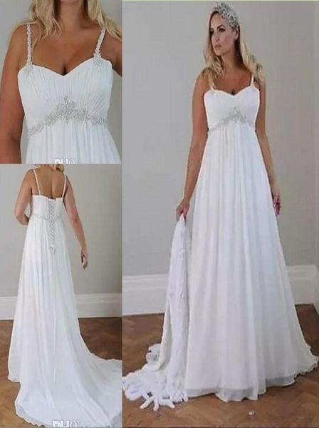 

plus size casual beach wedding dresses spaghetti straps beaded chiffon floor length empire waist elegant bridal gownse3620103, White