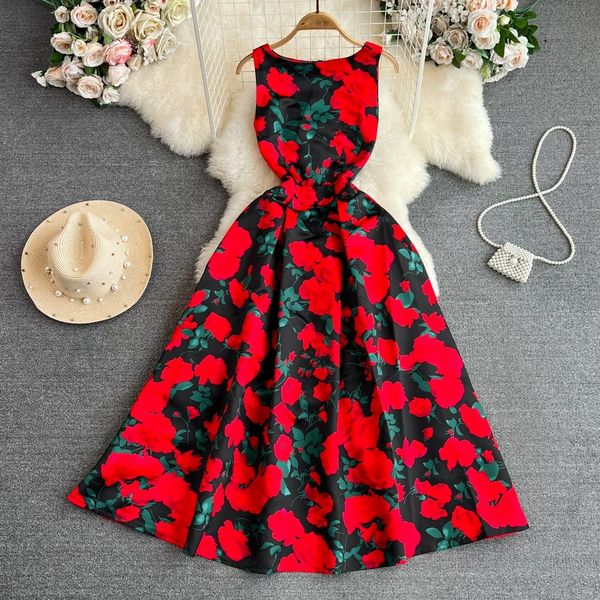

fashionable and high-end temperament dress round neck sleeveless three-dimensional cutting waist closing slimming medium length a-line jacqu, Black;gray