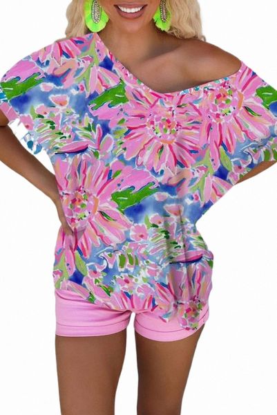 

pink floral print loose fit v neck t shirt 2023 new a4pi#, White