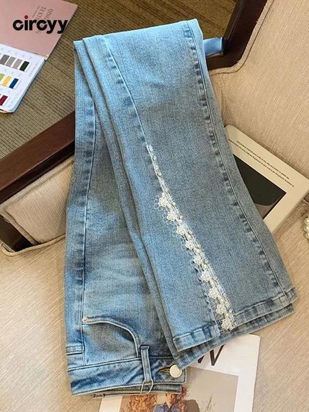 

jeans circyy jeans for women slit leg pants korean slim lace edge denim trousers 2022 chic vintage high waisted fashion casual clothes, Blue