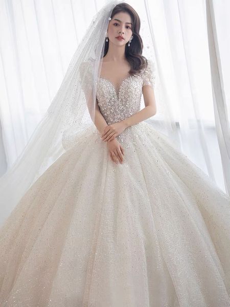 

white wedding dresses v-neck flower beading applique puff short sleeve elegant court train tulle ball bridal gowns vestidos 2023