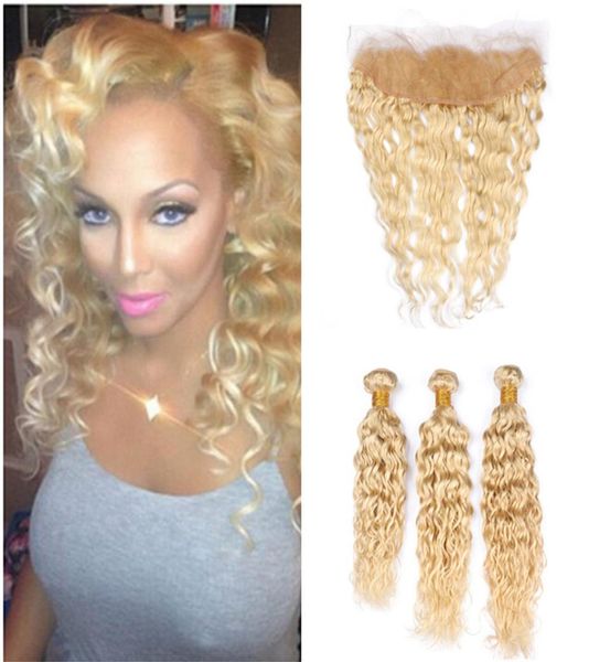 

wet and wavy blonde human hair bundles with frontal closure 613 water wave frontal and bundles bleach blonde brazilian curly hair 8646970, Black