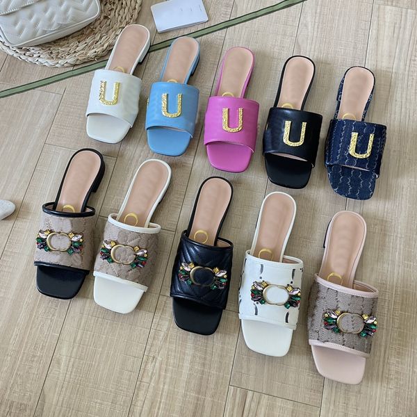 

designer slipper mules metal golden sandals women versatile slippers embroidered sheepskin sandal flat slides with box size35-42, Black