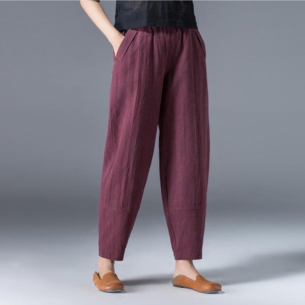 

capris women's wide trousers vintage elastic waist pocket cotton linen harem pants capris summer loose soild linens pants for women, Black;white
