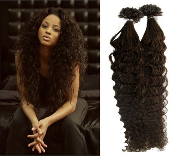 

4 dark brown brazilian deep curly u tip nail tip hair extensions 100gstrands remy human hair keratin fusion hair extensions6856877, Black