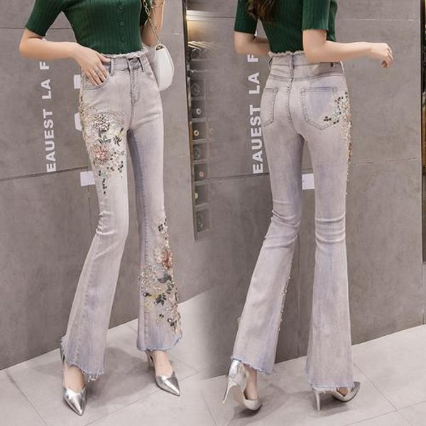

jeans flare pants women new 2023 summer autumn skinny denim jeans pants pearls 3d flower embroidery sequined long pants trousers, Blue