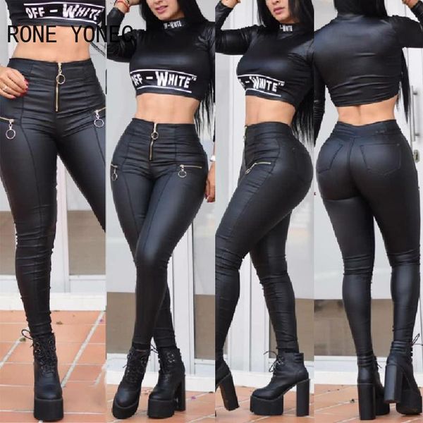 

capris women pu leather zipper skinny pants black pencil pants, Black;white