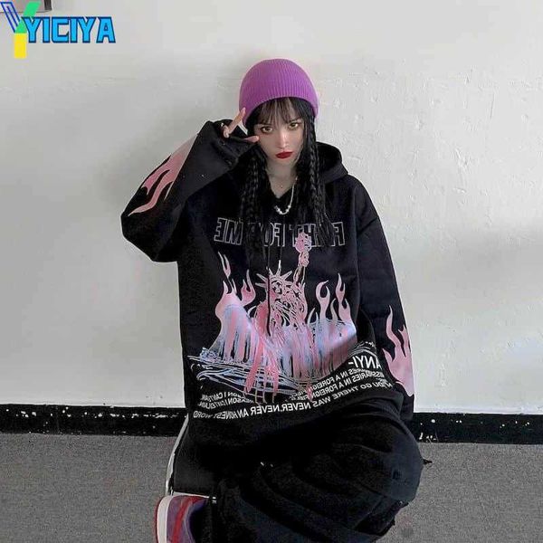 

yiciya women's hoodies 2023 autumn winter women plus velvet long sleeve jacket oversized sweatshirt korean goth clothes harajuku print, Black
