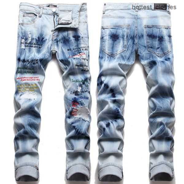 

men's jeans am european jean with holes printing trend elastic slim fit pants high end versatile 3172 mm70gg2 5 70ei, Blue