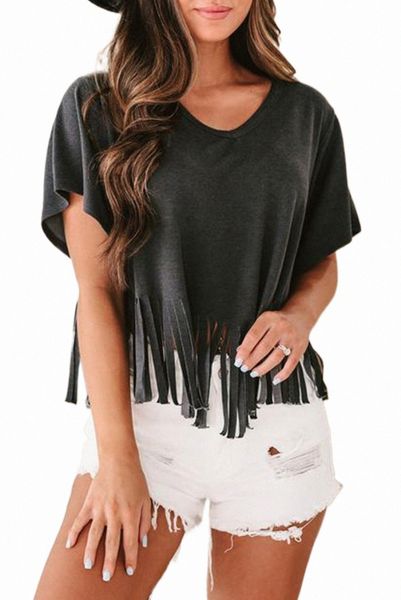 

black fringe hem v neck t shirt 2023 new c0yw#, White