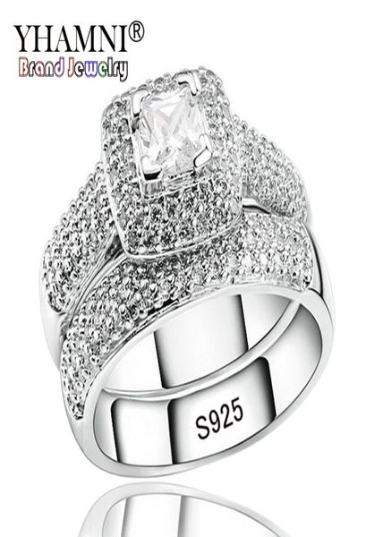 

yhamni luxury engagement double rings set original real 925 solid silver white cz zircon ring set wedding fine jewelry r1499630938, Slivery;golden
