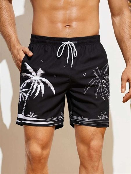 

men's swimming trunks coconut tree printed beach pants quick drying five piece pants casual beach shorts, White;black