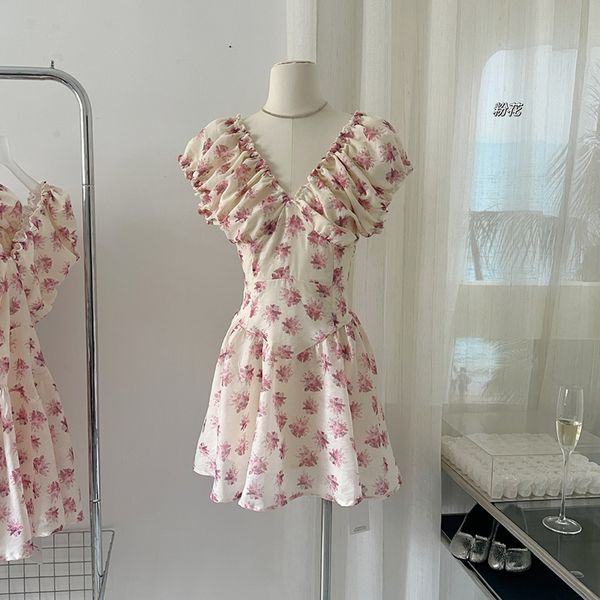 

basic casual dresses elegant sweet summer dress for women vintage floral print square neck puff sleeves nippedin waist mini female 230518, Black;gray