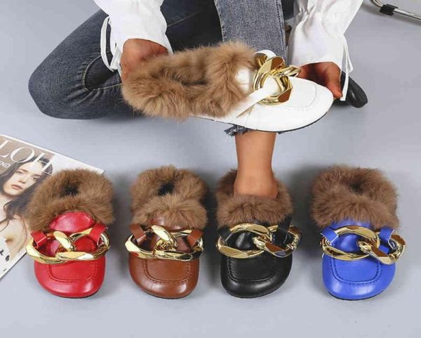 

2021 winter gold chain dign women slipper fur closed toe on keep warm mul sho round low heels casual slid9227401, Black