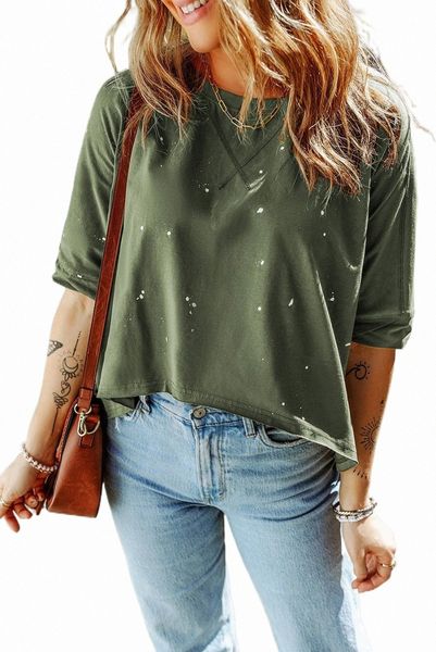 

green distressed bleached asymmetric hem short sleeve p0ko#, White