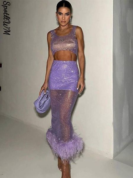 

two piece dress women sequins feather skirt set female sleeveless midi skirts suit lady night party club 230518, White
