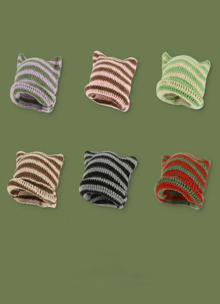 

beanieskull caps japanese beanie hat ins little devil striped knitted wool cap autumn and winter cute cat ears pointed pullover wo9942086, Blue;gray
