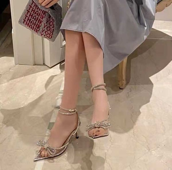 

wind 2023 new bow knot rhinestone pointed sandals straps and thin for women with high heels, Black