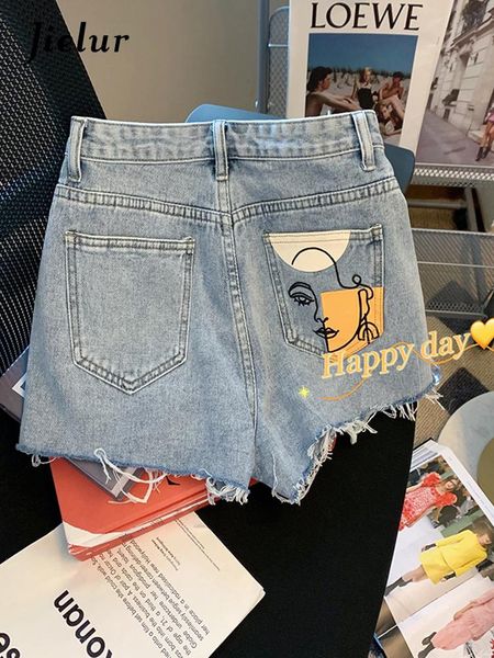 

jeans jielur hight street loose ripped women's jeans straight high waist print denim shorts women blue short jeans female summer sxl