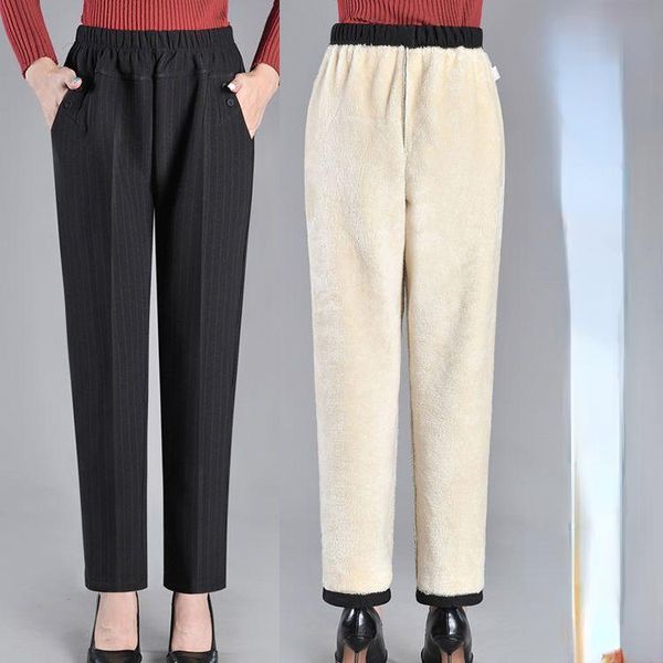 

capris 2022 women autumn winter new thick warm cotton trousers female middleaged velvet pants ladies solid loose straight pants c10, Black;white