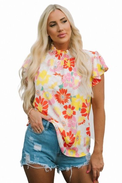 

multicolor stand collar flutter sleeves floral 59kr#, White