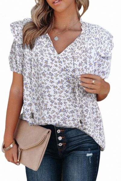 

purple floral print smocked ruffled v neck t-shirt h9en#, White