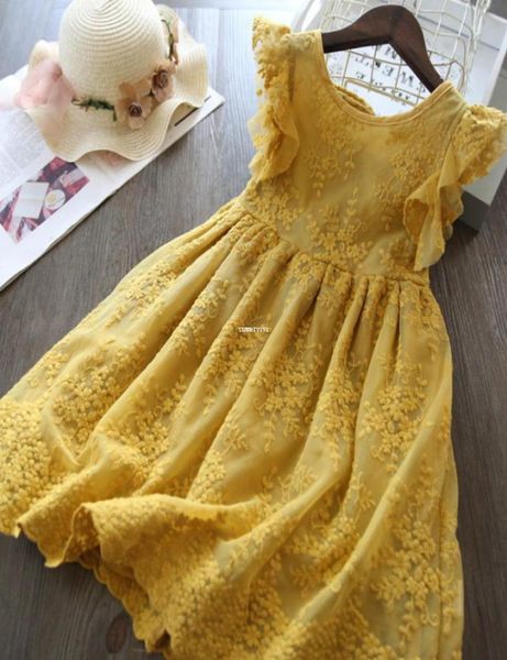 

kids lace fly sleeve dress ins new girls lace embroidery princess dress summer children back bow falbala party dress a58639541923, Red;yellow