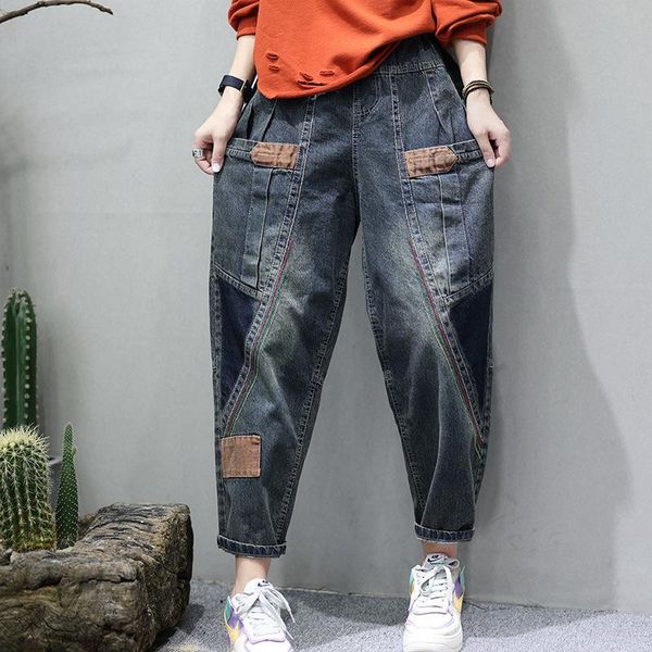 

jeans qpfjqd female harem denim pants loose distressed washing cotton vintage streetwear chic casual patchwork high waist jeans women, Blue
