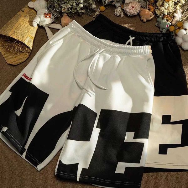

summer casual shorts men's ins fashion brand american simple splice pants straight leg loose wide leg split sweatpants, White;black