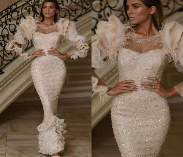 

2020 elegant evening dresses jewel neck beaded sequins feather prom dress long sleeves ruffle tiers floor length formal party gown5896597, Black;red
