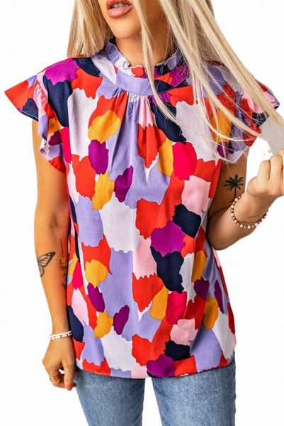 

red ruffle cap sleeve frill mock neck printed 56k1#, White