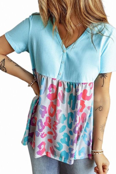 

sky blue leopard color block buttoned v neck t shirt t85v#, White