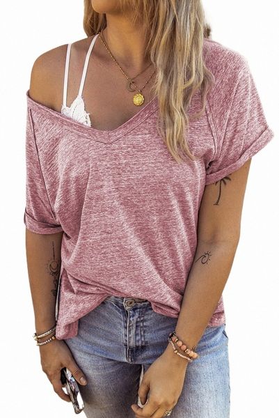 

pink marble print seamed v neck t-shirt 2023 new p3be#, White
