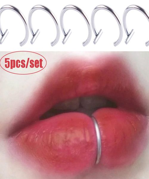 

5pcs lip rings neutral punk cshaped lips clip fake piercing jewelry diaphragm with perforated hoop1069304, Black