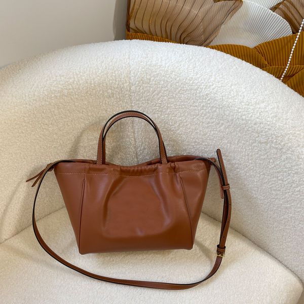 

mini tote bag cowhide shoulder bags women handbags solid color drawstring binding travel shopping purse adjustable shoulder strap interior k