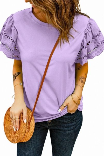 

purple hollow out ruffle sleeve t-shirt 2023 new b1it#, White