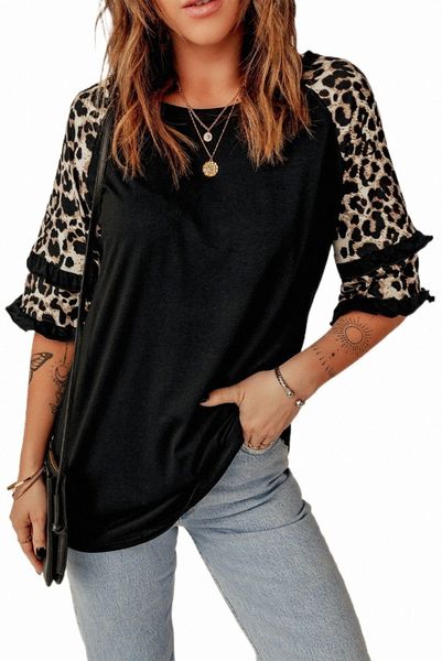 

black ruffled leopard sleeve patchwork 2023 new b9oo#, White
