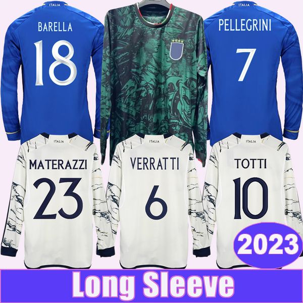 

2023 italy verratti mens soccer jerseys national team pinamonti totti raspadori chiesa barella bonucci home blue away special edition long s, Black;yellow