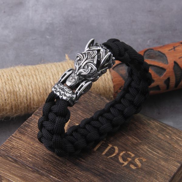 

chain never fade rock viking wolf bracelet men's handmade cord can open wolf mouth punk bracelets biker jewelry 230519, Black