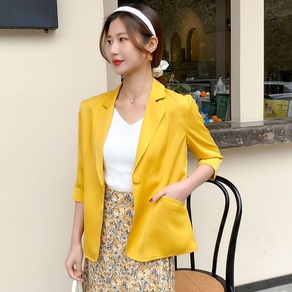 

three quarter sleeve small suit casual thin single button 2023 yellow solid color coat korean straight sleeve overcoat women, Black;brown