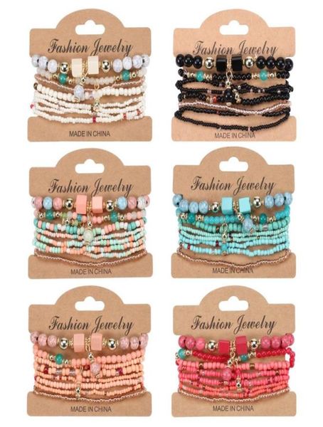

fashion elastic multilayer crystal stone beads strands tassel charms bracelets boho bracelet for women gift 8pcsset4303333, Black