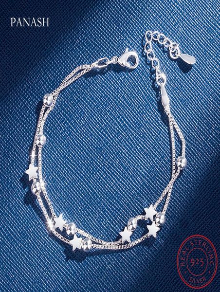 

100 original 925 sterling silver bracelet double layered stars beads chian bracelets bangles for women girls wedding jewelry9947915, Golden;silver