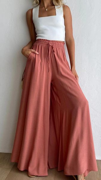 

capris vintage women's wide leg trousers 2022 solid pants casual high elastic waist long boho loose casual trousers beach pants, Black;white