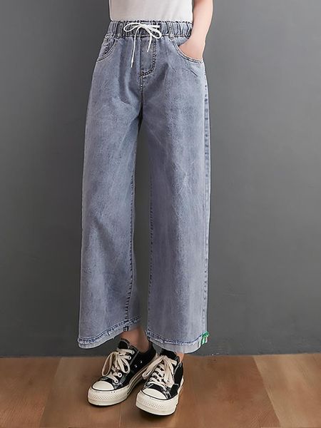 

jeans summer fashion women wide leg jeans solid color elastic waist korean style loose casual denim pants female leisure thin trousers, Blue