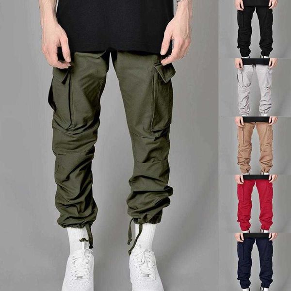 

men's pants mens 2023 four seasons multi-pocket six colors fashion casual overalls and drawstring, Black