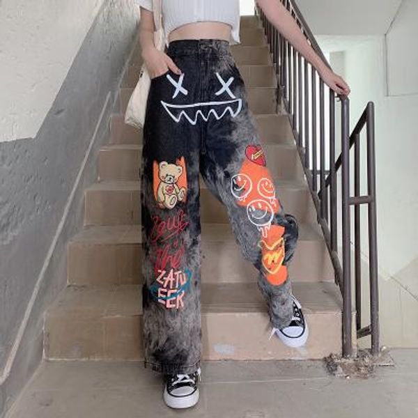 

jeans new ladies casual jeans autumn new korean street graffiti high street hip hop loose old wideleg long pants, Blue