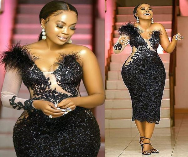 

2021 plus size arabic aso ebi black lace prom dresses one shoulder tea length evening formal party second reception bridesmai6887166